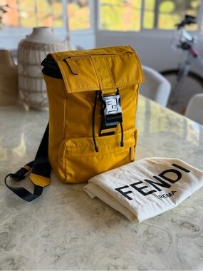 Fendi Men's Yellow Nylon sling back Backpack with FF Signature Buckle